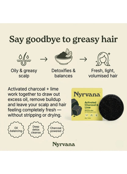 activated charcoal, activated charcoal lime, charcoal lime, charcoal lime shampoo, hair 80g, hair care, lime shampoo, lime shampoo bar, nyrvana, oily scalp, oily scalp hair, plant based, scalp hair, scalp hair 80g, shampoo bar