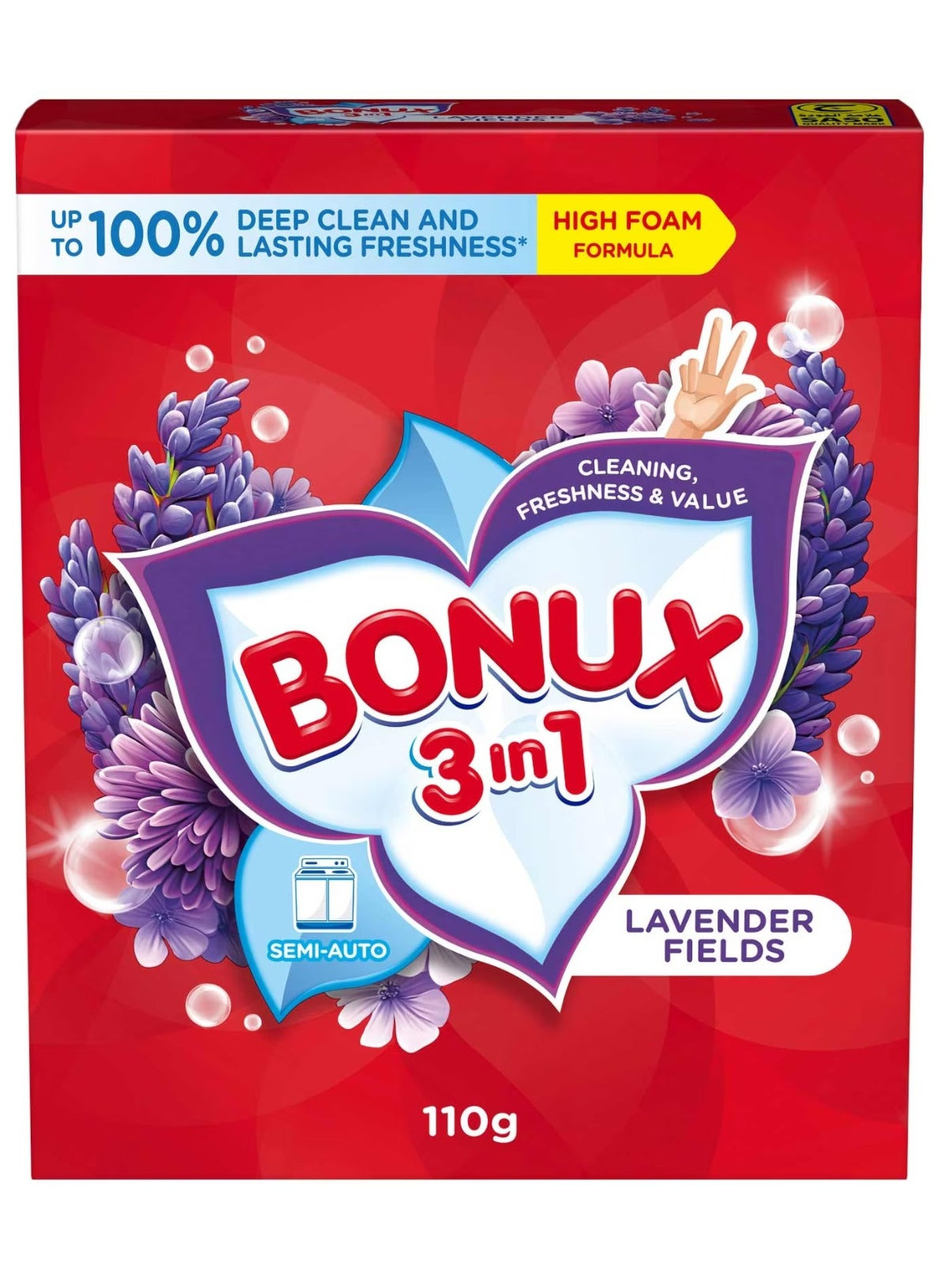 bonux, deep cleaning, detergent lavender, detergent lavender fields, every wash, fields 110g, foam powder, foam powder detergent, lavender fields, lavender fields 110g, lift dirt, powder detergent, powder detergent lavender, soil level, stain removal