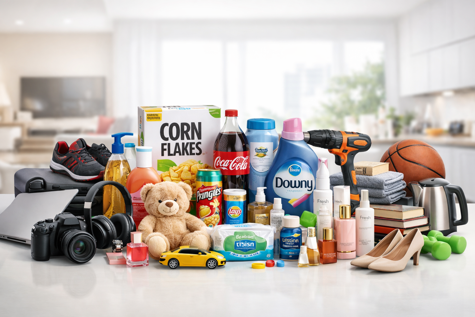 Various everyday items including food, household products, and toys on a white surface with a blurred kitchen background.