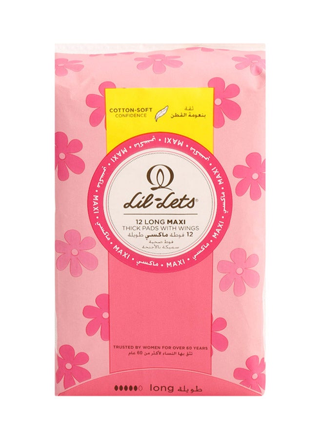 Lil-Lets Long Maxi Thick Pads With Wings, 12 Pieces