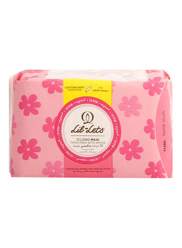 Lil-Lets Long Maxi Thick Pads With Wings, 12 Pieces