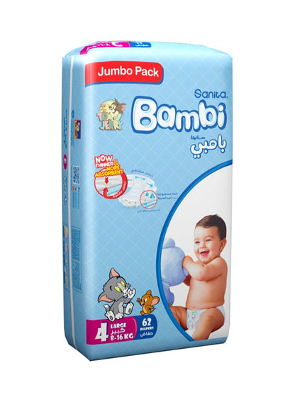 Sanita Bambi Disposable Diapers Large Size 4 (8-16 Kg), 62 Counts