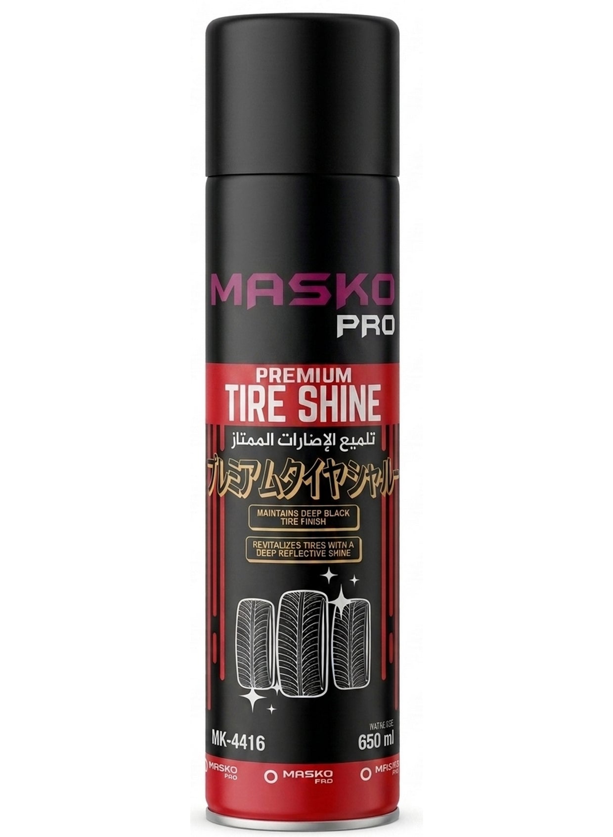 care tire, deep black, dull faded, dust dirt, give dull, masko pro, net volume, shine key, spray net, spray onto, tire care, tire shine, tire types, type tire, wide range