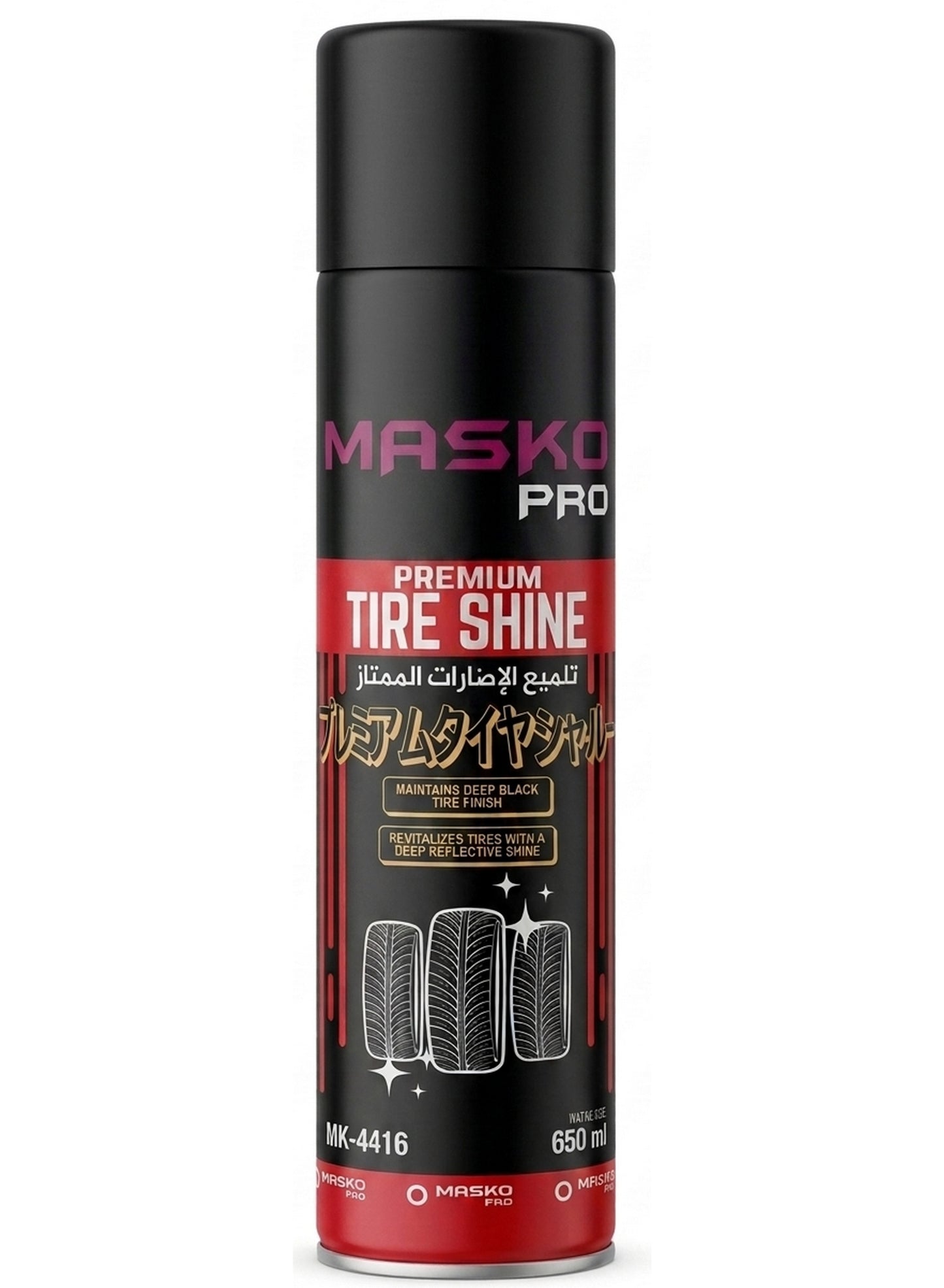 care tire, deep black, dull faded, dust dirt, give dull, masko pro, net volume, shine key, spray net, spray onto, tire care, tire shine, tire types, type tire, wide range