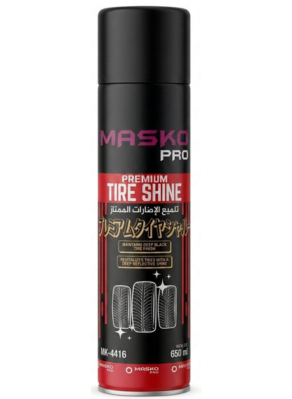 care tire, deep black, dull faded, dust dirt, give dull, masko pro, net volume, shine key, spray net, spray onto, tire care, tire shine, tire types, type tire, wide range