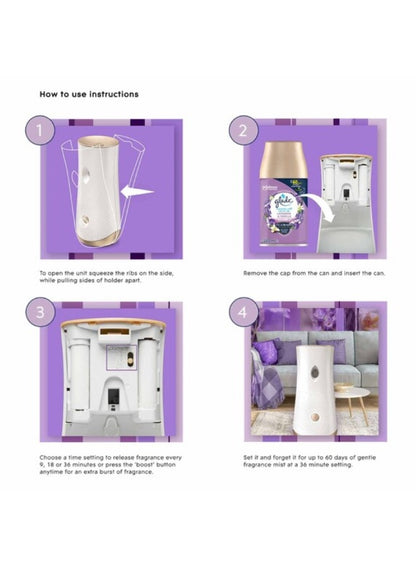 automatic freshness, automatic spray, automatic spray holder, busy day, cozy space, freshener upto, glade, home glade, lavender vanilla, lavender vanilla freshener, order now, spray holder, vanilla freshener, vanilla freshener upto, warm amber