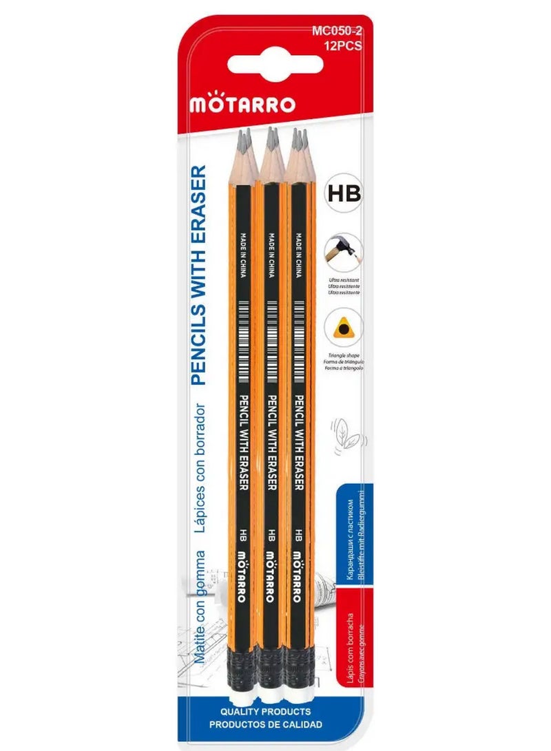 MOTARRO Hb Pencils With Eraser Set - 12 Pcs
