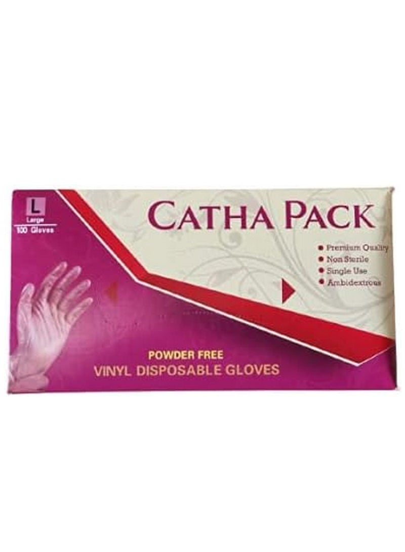 CATHA PACK Vinyl Gloves Clear Powder Free Large