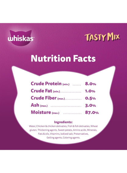 2-12 months, chicken tuna, gravy 2-12, junior tasty, junior tasty mix, mix chicken, mix chicken tuna, nutrition 4x70g, potato flavour, sweet potato, tasty mix, tasty mix chicken, tuna sweet, tuna sweet potato, whiskas