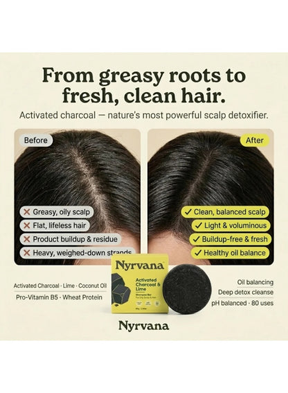 activated charcoal, activated charcoal lime, charcoal lime, charcoal lime shampoo, hair 80g, hair care, lime shampoo, lime shampoo bar, nyrvana, oily scalp, oily scalp hair, plant based, scalp hair, scalp hair 80g, shampoo bar