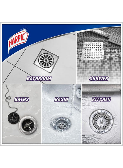 clogs caused, drain opener, drain opener gel, drains clean, floor drains, food residue, gel formula, grease soap, hair grease, harpic, opener gel, reach deep, soap scum, thick gel, tough clogs