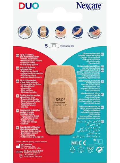 102mm 5pcs, aid kit, bandages 51mm, cool dry, day yet, duo maxi, duo maxi bandages, firm hold, hand wash, maxi bandages, maxi bandages 51mm, nexcare duo, nexcare duo maxi, waterproof, wear time