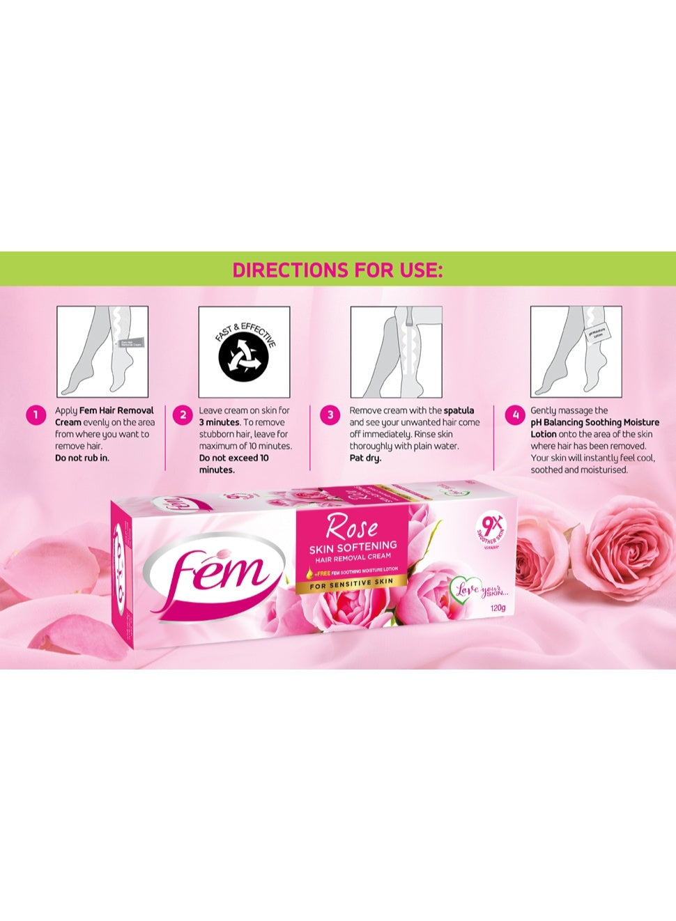 deep moisturizing, dermatologically tested, fast hair, fem, fem hair, fem rose, hair removal, hair removal cream, hours key, pat dry, removal cream, rose net, sensitive skin, skin care, skin fem