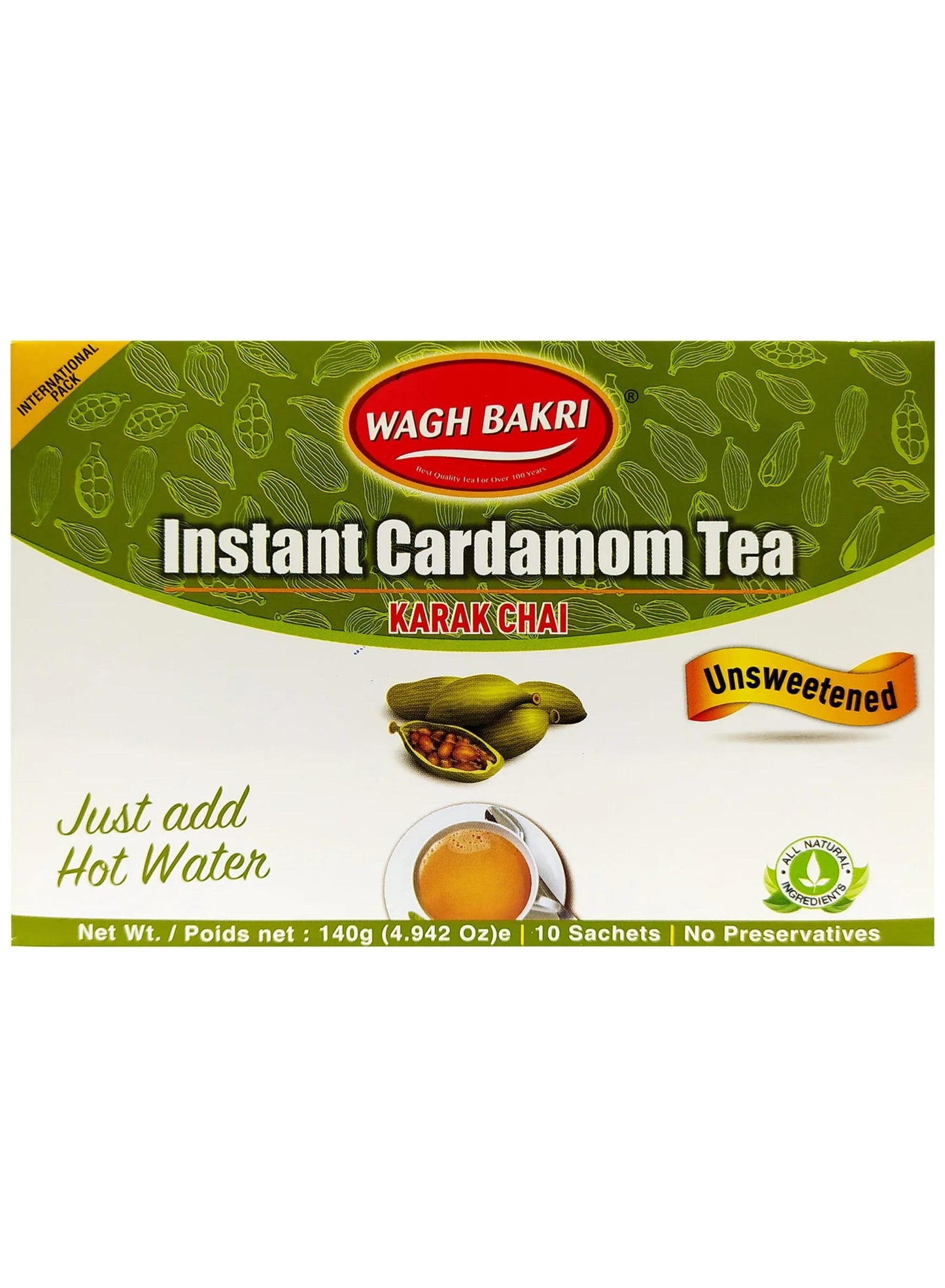 140g usage, added sugar, cardamom tea, cardamom tea unsweetened, cup add, instant cardamom, instant cardamom tea, loved ones, ones key, place one, tea lovers, tea quick, tea unsweetened, total 140g, wagh bakri