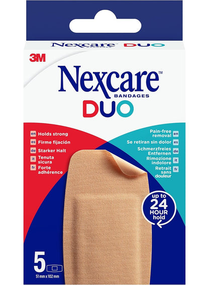 102mm 5pcs, aid kit, bandages 51mm, cool dry, day yet, duo maxi, duo maxi bandages, firm hold, hand wash, maxi bandages, maxi bandages 51mm, nexcare duo, nexcare duo maxi, waterproof, wear time