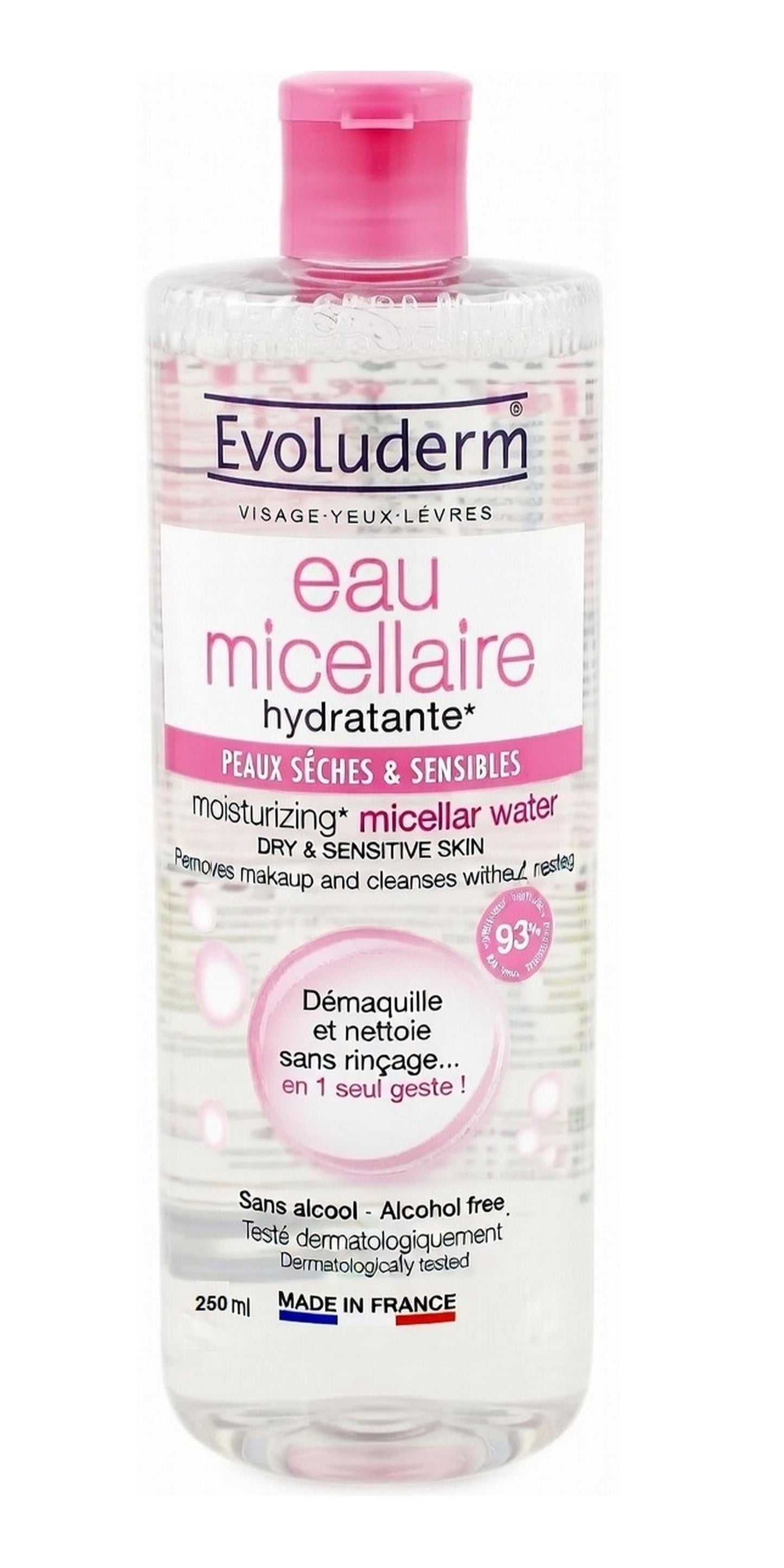 alcohol free, cleanses without, cleansing water, dry sensitive, evoluderm, makeup cleanses, micellar cleansing, natural origin, origin removes, removes makeup, sensitive skin, single step, skin alcohol, skin alcohol free, without rinsing