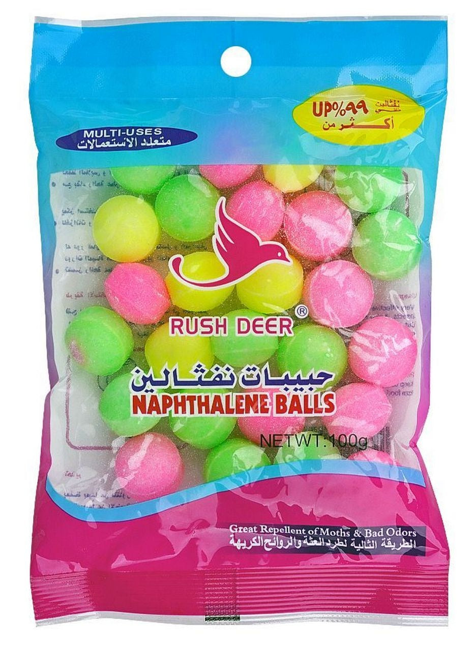 areas long, balls 100g, brand rush, cool dry, dry place, every day, long term, multicolor naphthalene, multicolor naphthalene balls, naphthalene balls, naphthalene balls 100g, net weight, note keep, pest free, rush deer