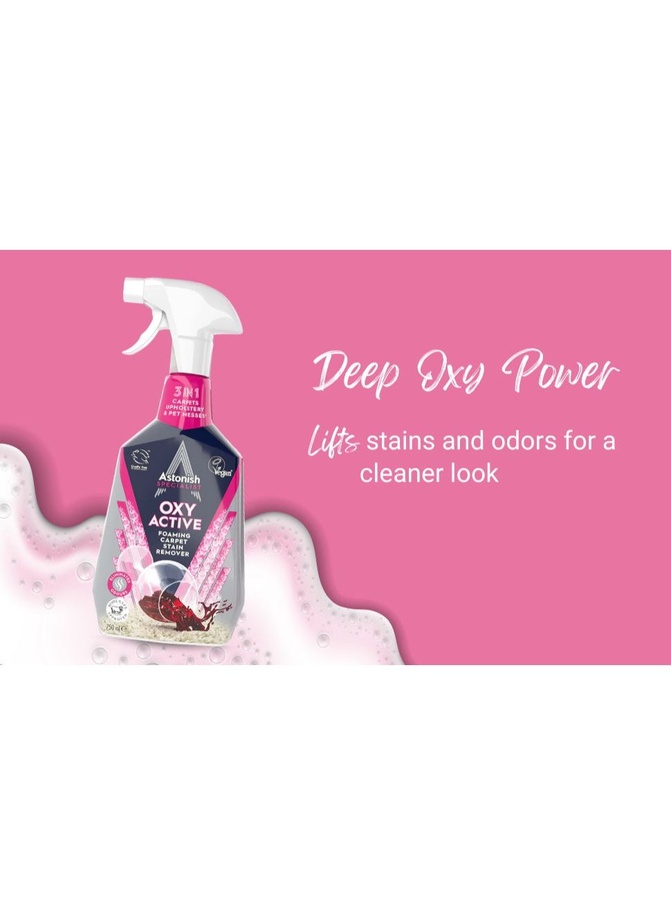 active foaming, astonish, carpet stain, deep cleaning, odours tough, oxy active, pet odours, remover spray, rugs pet, safe approved, spills wool, spray deep, stain remover, tough spills, wool safe
