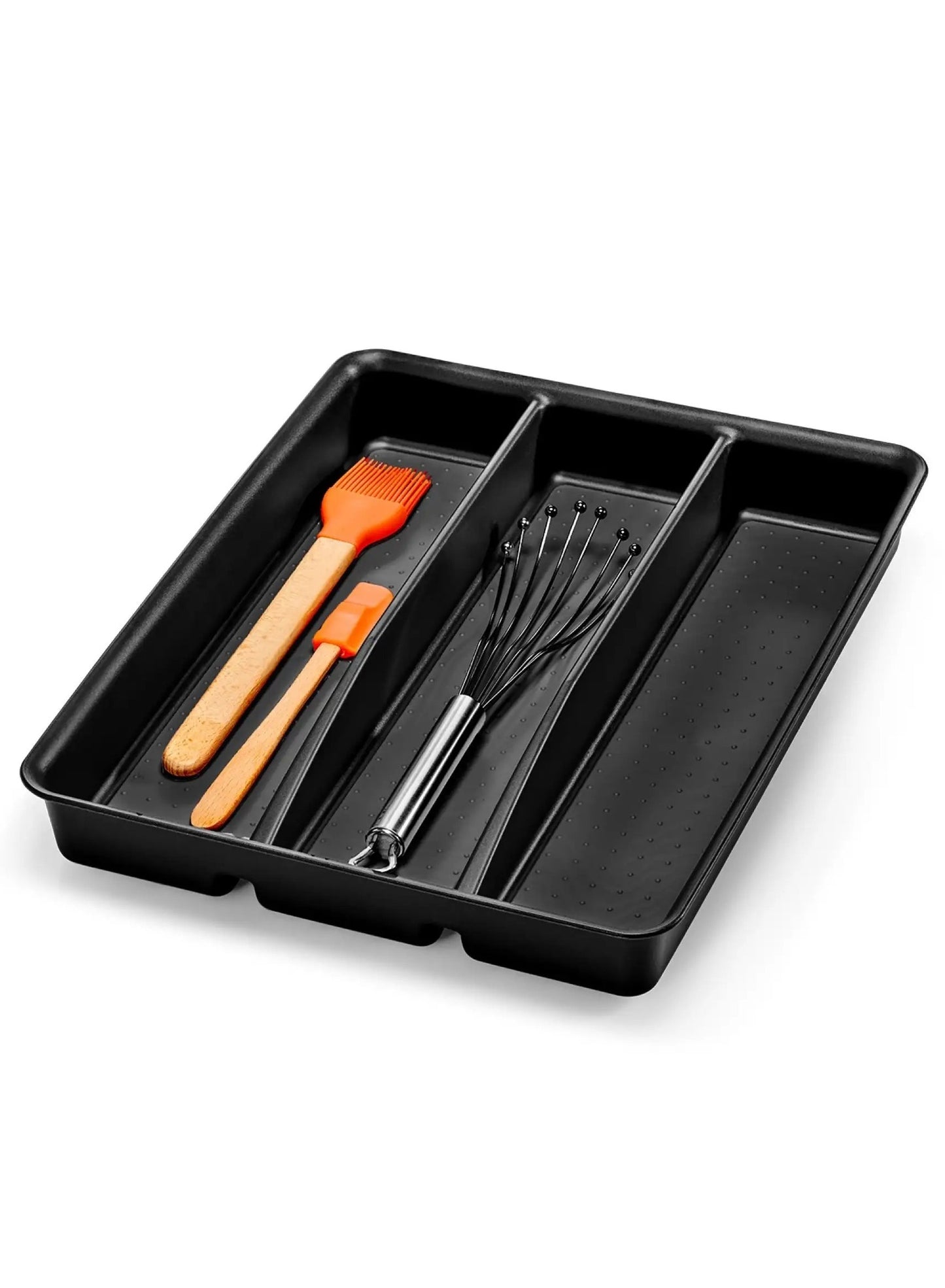 basic utensil, basic utensil tray, boasts three, brushes whisks, carbon finish, drawers makes, kitchen tools, madesmart, neatly storing, rubber feet, sleek carbon, stay securely, tools crafted, tray boasts, utensil tray