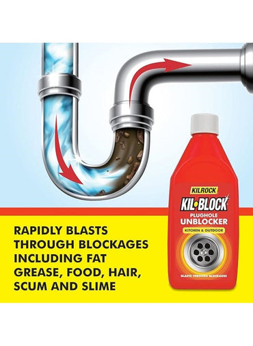 KILROCK Kil Block Plughole Unblocker Kitchen & Outdoor 500 ML