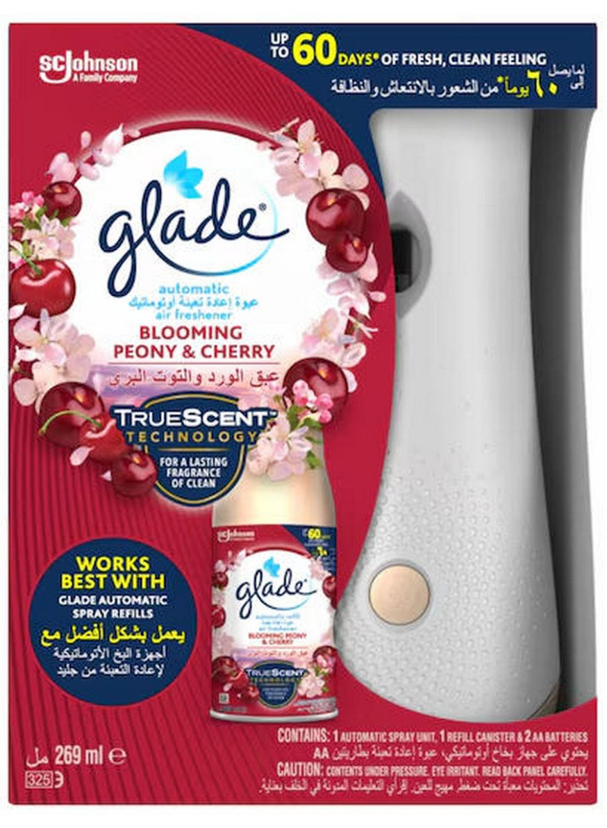 air freshener, air freshener spray, automatic air, blooming peony, blooming peony cherry, cherry refill, freshener spray, glade, peony cherry, peony cherry refill, refill starter, refill starter kit, scented blooming, spray holder, starter kit