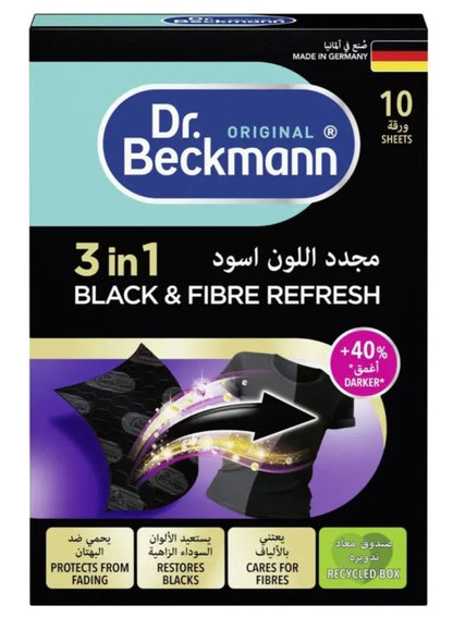 3in1 black, 3in1 black fibre, add one, black dye, black fibre, black fibre refresh, dr beckmann, dye binds, fibre care, fibre refresh, give black, one sheet, per wash, sheet per, simply add