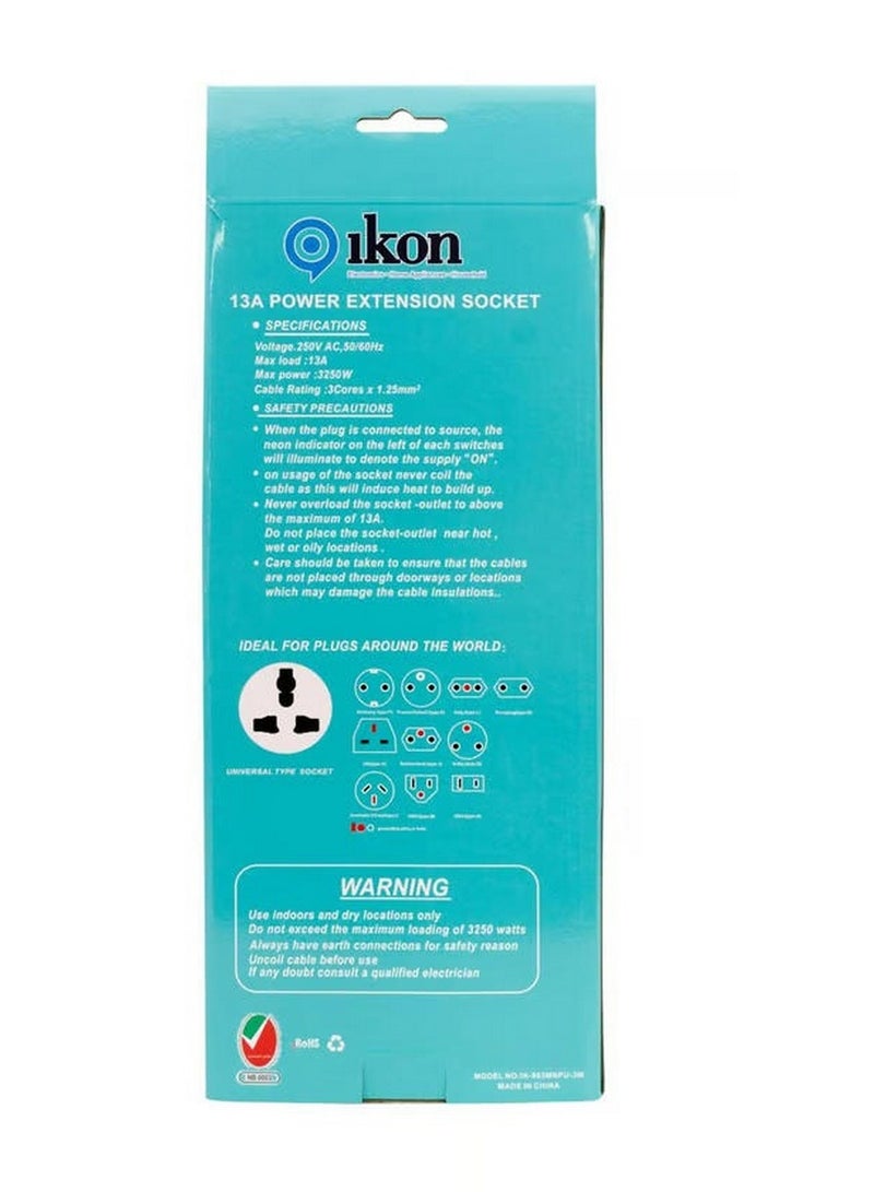 Ikon 3 Way Power Extension Socket with USB Ports