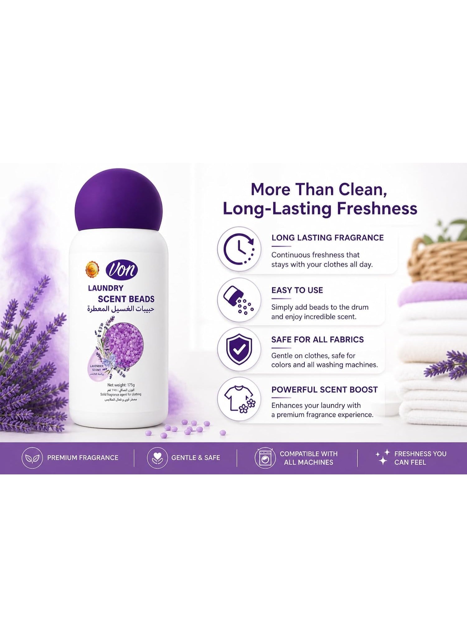 beads work, booster beads, brand von, cool dry, dry place, every load, every wash, feel clean, laundry 175g, lavender scent, lavender scent booster, note keep, scent booster, scent booster beads, von