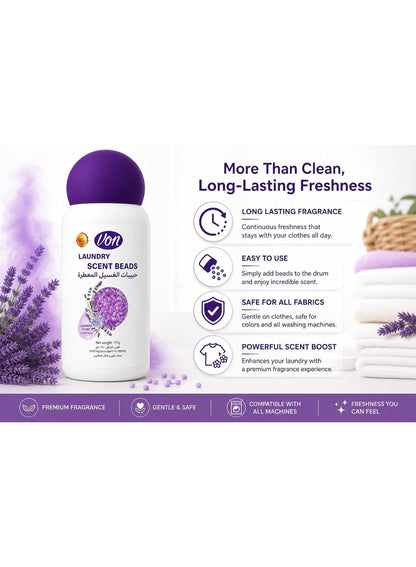 beads work, booster beads, brand von, cool dry, dry place, every load, every wash, feel clean, laundry 175g, lavender scent, lavender scent booster, note keep, scent booster, scent booster beads, von