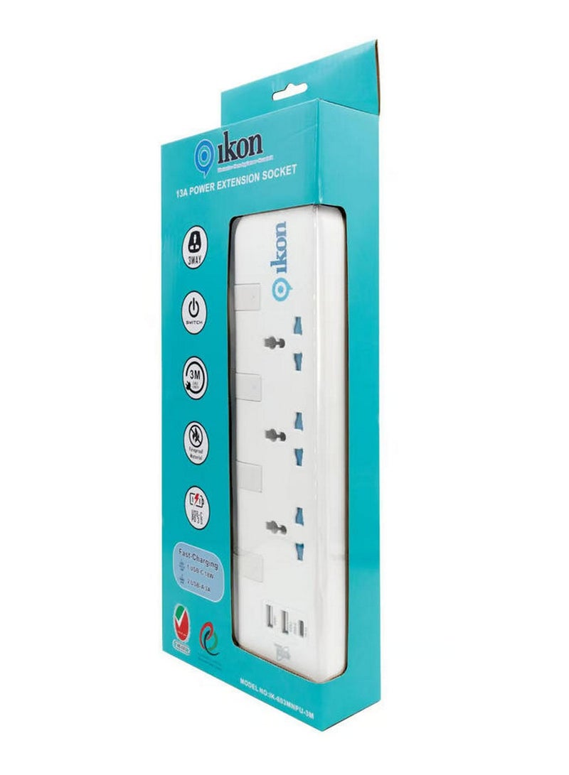 Ikon 3 Way Power Extension Socket with USB Ports