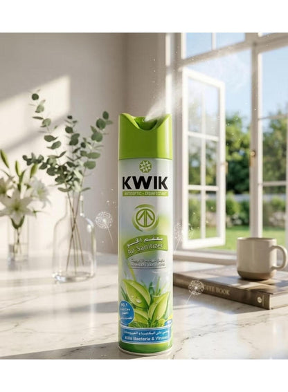 300ml kills, air sanitizer, antiseptic air, bacteria viruses, disinfectant spray, eliminates odors, fresh green, fresh green scent, green scent, kwik, odors fresh, odors fresh green, spray 300ml, spray 300ml kills, viruses eliminates