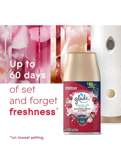 air freshener, air freshener spray, automatic air, blooming peony, blooming peony cherry, cherry refill, freshener spray, glade, peony cherry, peony cherry refill, refill starter, refill starter kit, scented blooming, spray holder, starter kit
