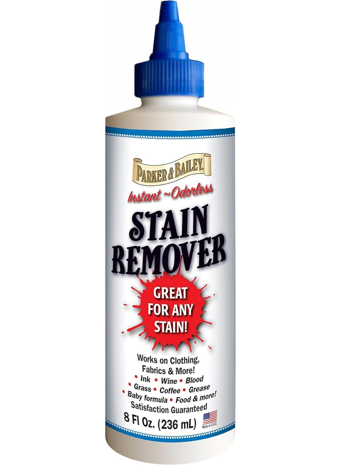 blood grass, cleaner odor, coffee wine, fabric ink, food carpet, grass coffee, grease blood, ink grease, instant stain, liquid stain, odor free, parker & bailey, spot cleaner, stain remover, wine food