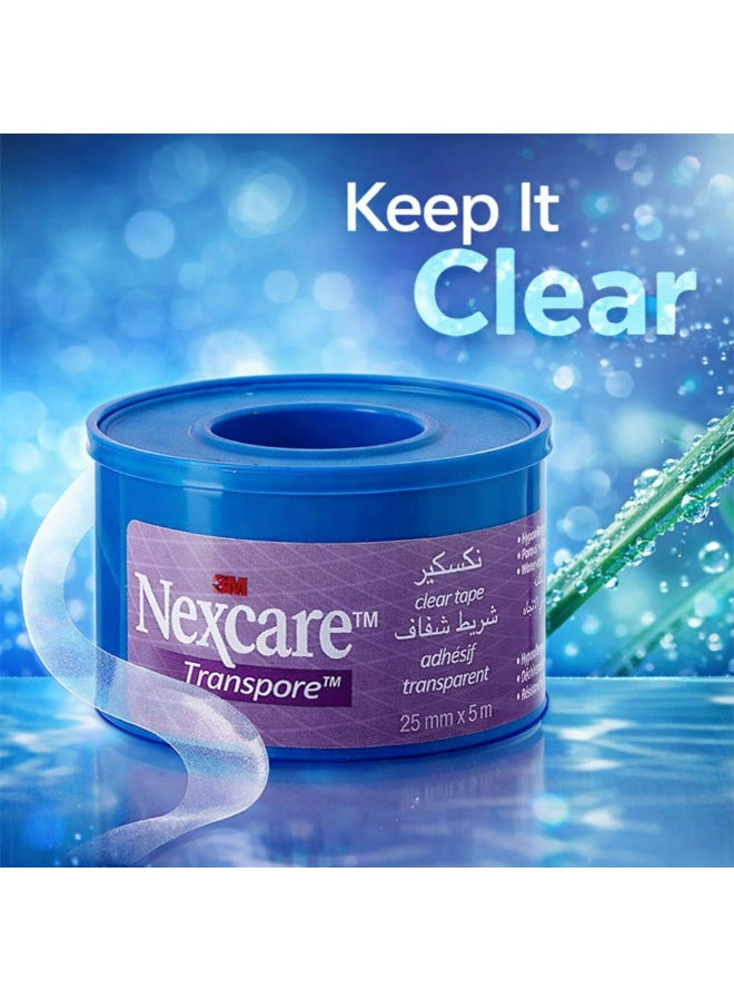aid kit, clear tape, clear tape 25mmx5m, damp skin, dry skin, first aid, hypoallergenic, kit key, nexcare transpore, nexcare transpore clear, tape 25mmx5m, transpore clear, transpore clear tape, water resistant, yes hand