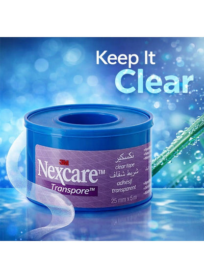 aid kit, clear tape, clear tape 25mmx5m, damp skin, dry skin, first aid, hypoallergenic, kit key, nexcare transpore, nexcare transpore clear, tape 25mmx5m, transpore clear, transpore clear tape, water resistant, yes hand
