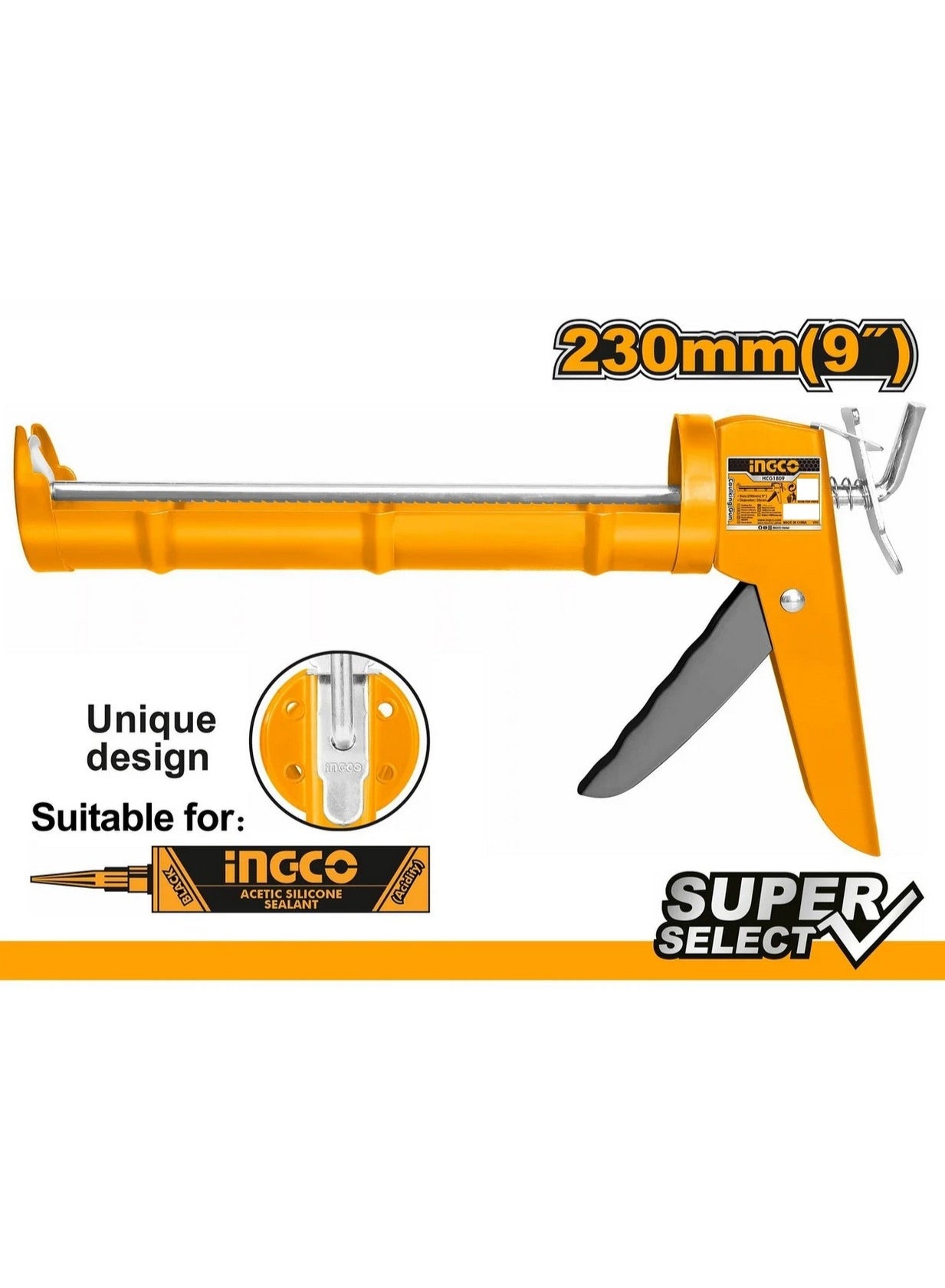 better grip, brand ingco, caulking gun, clean even, diy users, dry place, every time, gun hcg1809, hand tool, ingco, iron shank, reduce hand, silicone, sturdy iron, tool model