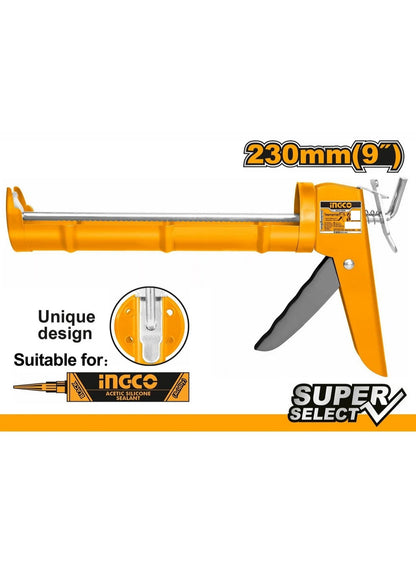better grip, brand ingco, caulking gun, clean even, diy users, dry place, every time, gun hcg1809, hand tool, ingco, iron shank, reduce hand, silicone, sturdy iron, tool model