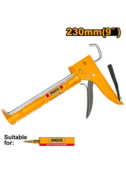 better grip, brand ingco, caulking gun, clean even, diy users, dry place, every time, gun hcg1809, hand tool, ingco, iron shank, reduce hand, silicone, sturdy iron, tool model