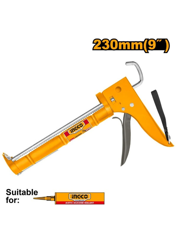 better grip, brand ingco, caulking gun, clean even, diy users, dry place, every time, gun hcg1809, hand tool, ingco, iron shank, reduce hand, silicone, sturdy iron, tool model