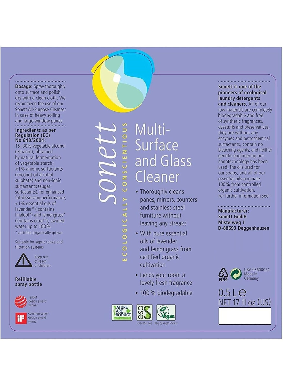 cleaner plant, cleaner plant based, dries fast, glass cleaner, glass cleaner plant, grease dirt, inci aqua, oily stains, organic multi-surface, plant based, polish dry, sodium c12, sonett ecologically conscientious, stainless steel