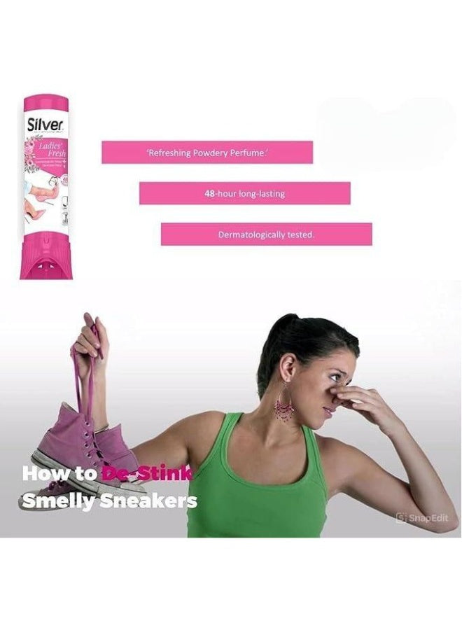 air dry, bad odors, day dual, dermatologically tested, dual spray, fresh shoe, fresh shoe freshener, ladies fresh, ladies fresh shoe, shoe freshener, shoe odor, shoe odors, shoe types, silver, skin safe