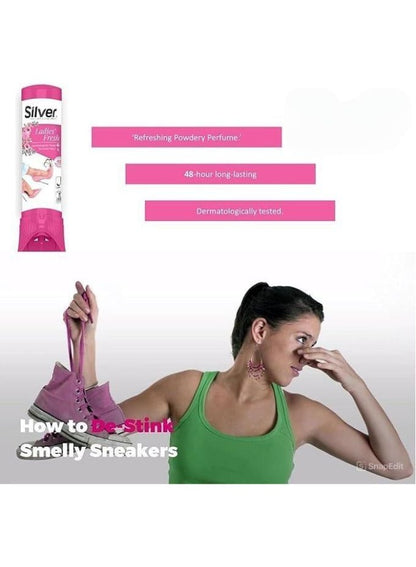 air dry, bad odors, day dual, dermatologically tested, dual spray, fresh shoe, fresh shoe freshener, ladies fresh, ladies fresh shoe, shoe freshener, shoe odor, shoe odors, shoe types, silver, skin safe