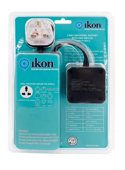 Ikon 3-Way Universal Socket with USB Ports