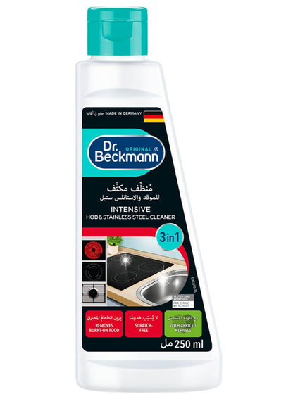 adds shine, damp cloth, dr beckmann, fresh scent, gas hobs, grease dirt, hob stainless, hob stainless steel, intensive hob, intensive hob stainless, natural ingredients, stainless steel, stainless steel cleaner, steel cleaner, wipe clean