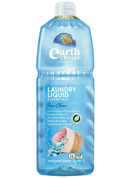 choice pure, citric acid, clean fresh, clean laundry, clean laundry liquid, dye usage, earth choice, gentle yet, laundry liquid, laundry liquid essentials, liquid essentials, oleate foam, plant-based, pure clean, pure clean laundry