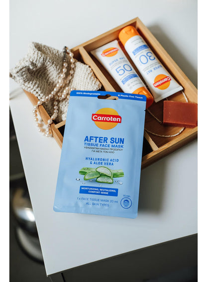 aloe vera, calm sun, carroten, cool dry, face mask, face mask 20ml, mask 20ml, multi purpose, skincare, sun care, sun face, sun tissue, sun tissue face, tissue face, tissue face mask