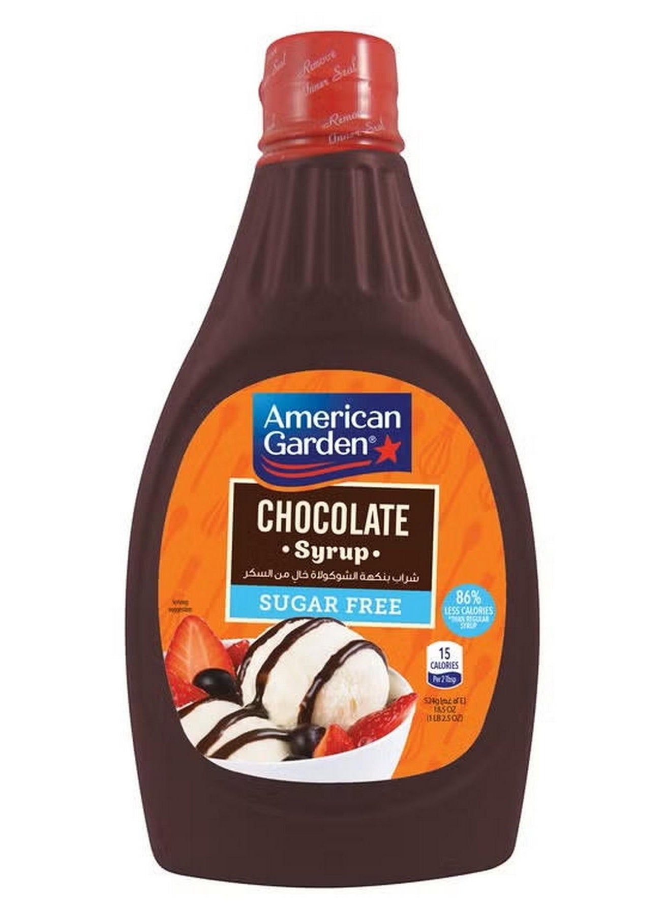 american garden, calories 524g, chocolate syrup, cool dry, e415 salt, free chocolate, free chocolate syrup, gum e415, ice cream, less calories, less calories 524g, sugar free, sugar free chocolate, tbsp 29g
