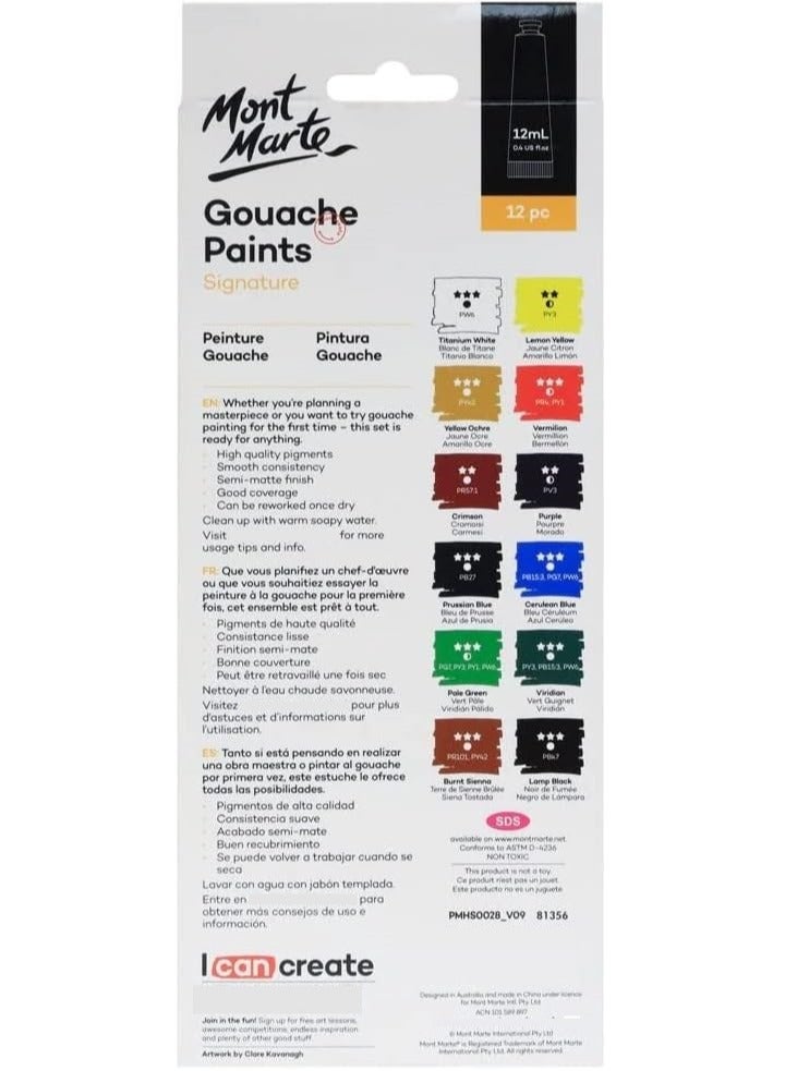 Mont Marte Gouache Paints Set - 12 Pcs