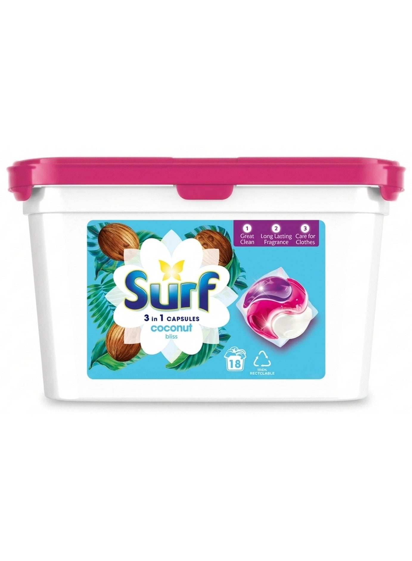 3-in-1 coconut, 3-in-1 coconut bliss, bliss washing, bliss washing capsules, coconut bliss, coconut bliss washing, cold wash, cool dry, deep cleaning, laundry detergent, pods make, stain removal, surf, type bio, washing capsules
