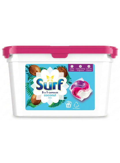 3-in-1 coconut, 3-in-1 coconut bliss, bliss washing, bliss washing capsules, coconut bliss, coconut bliss washing, cold wash, cool dry, deep cleaning, laundry detergent, pods make, stain removal, surf, type bio, washing capsules